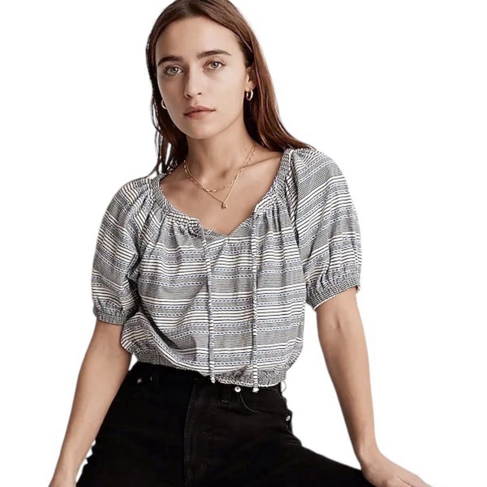Madewell Jacquard Keyhole Short Sleeve Crop Top Black Striped Size XS